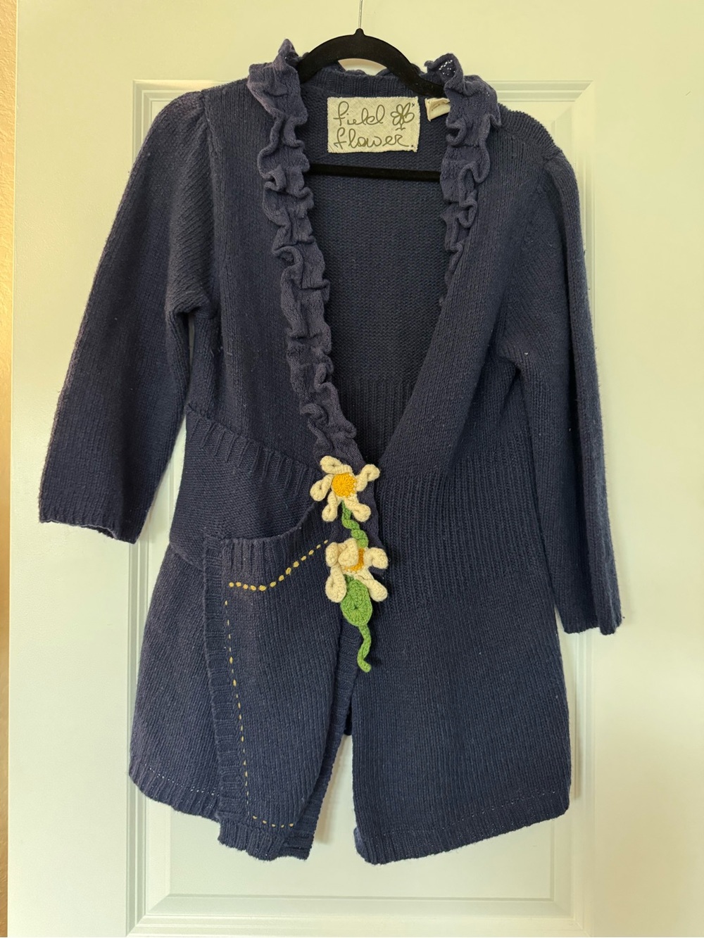 Anthropologie Field Flower Navy Ruffle Cardigan with Crochet Flower Detail